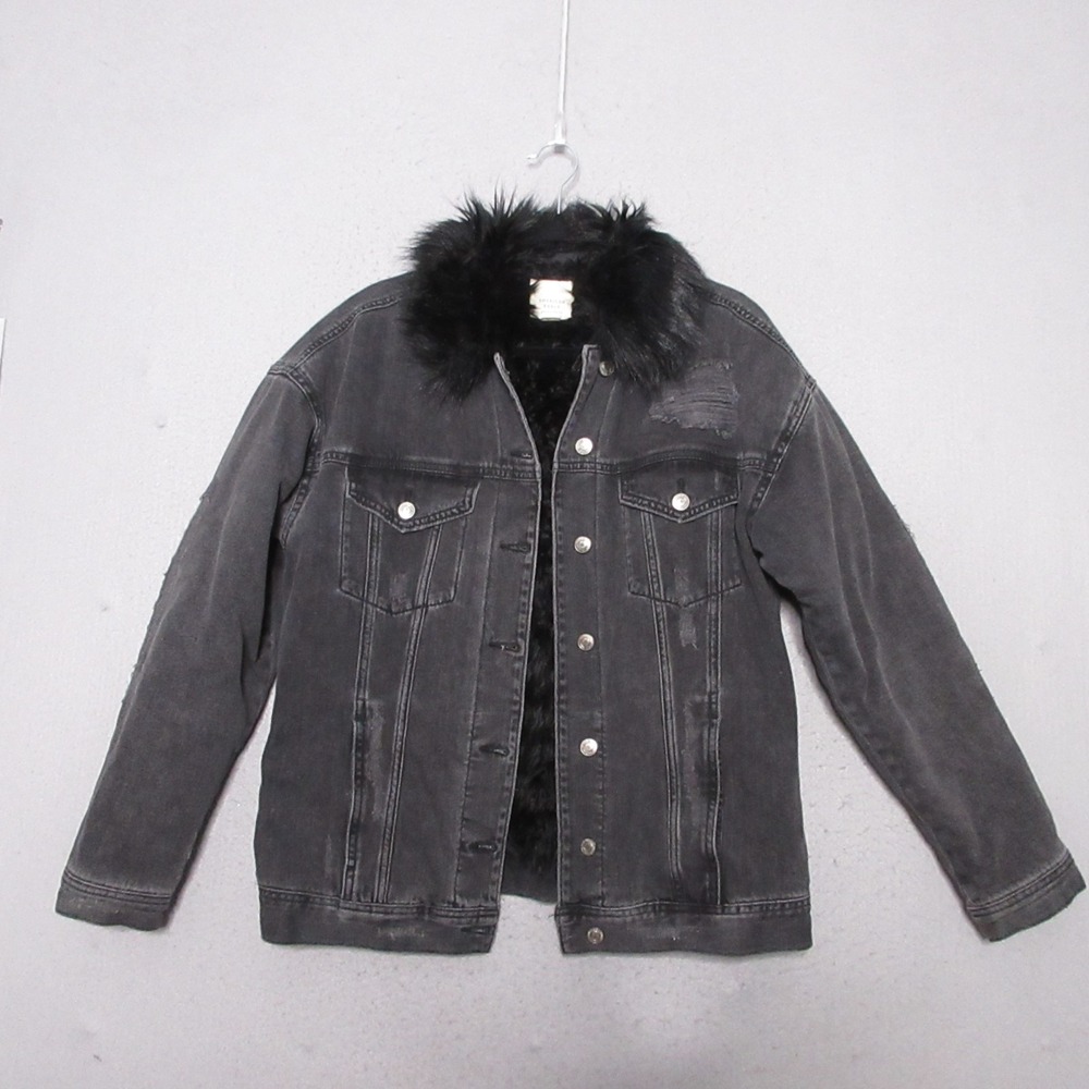 American Eagle Jean Jacket Medium Black Faux Fur Grunge‎ Punk Fade Distressed